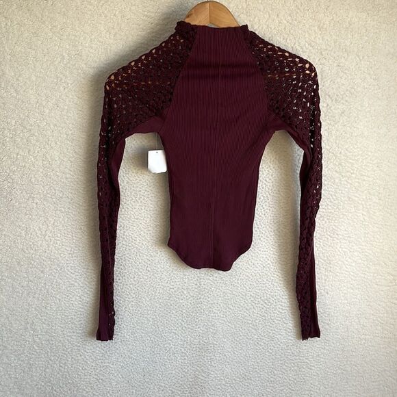 Free People Shirt Womens XS Clementine Ribbed Mixed Media Burgundy Top - Picture 8 of 8